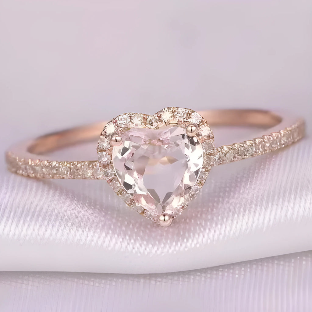 Women's heart-shaped wedding ring with crystal accents in rose gold or silvery finish