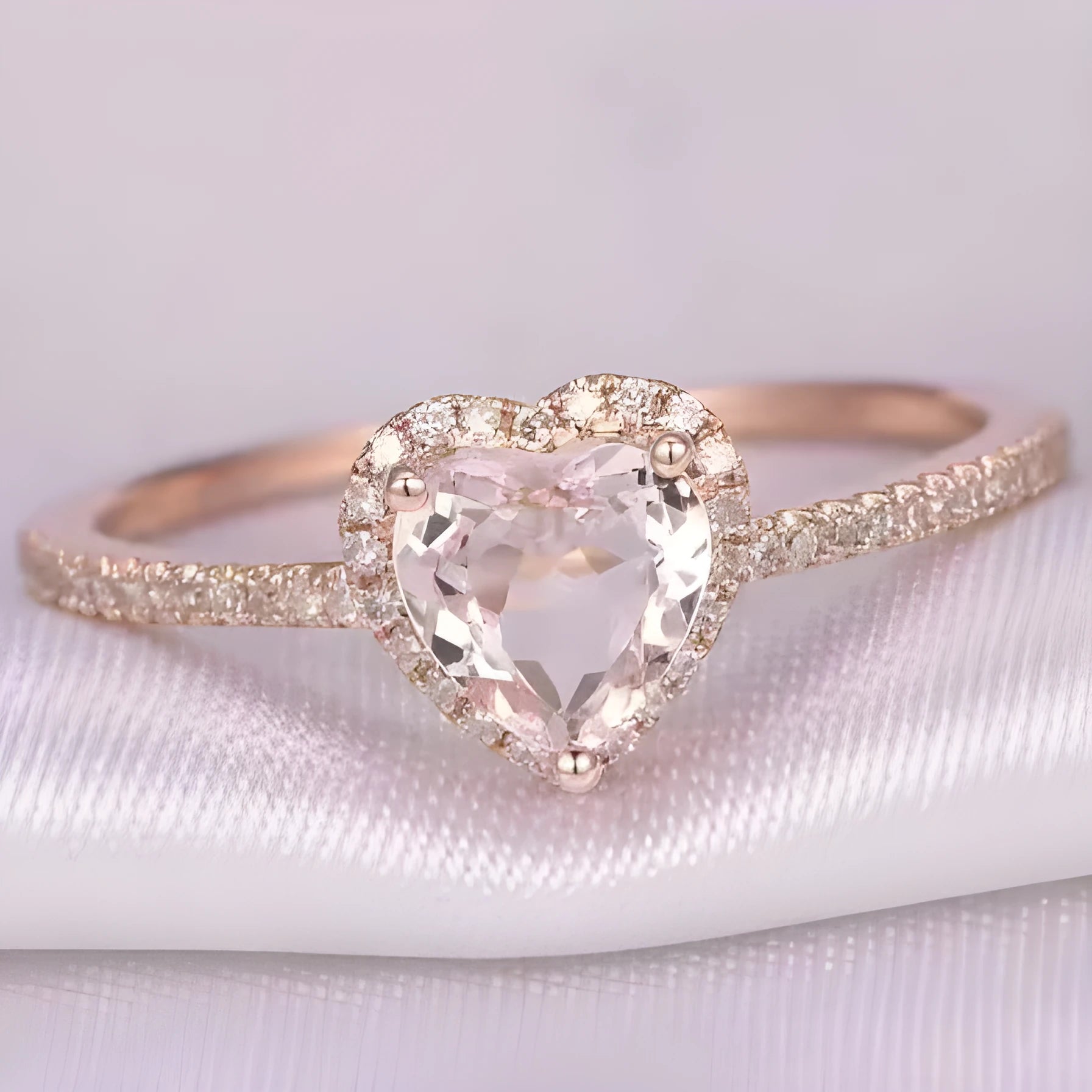 Women's heart-shaped wedding ring with crystal accents in rose gold or silvery finish