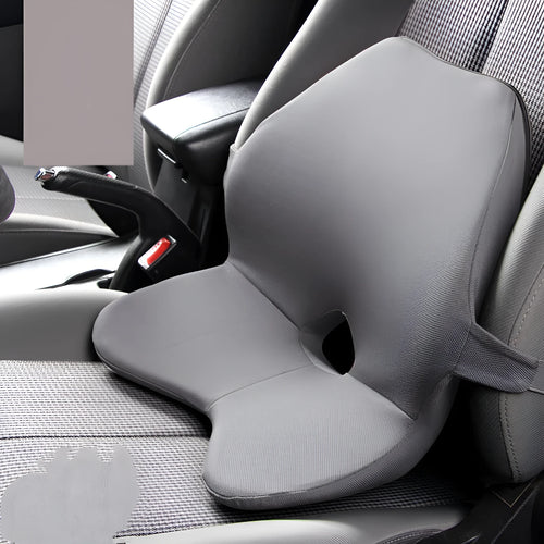 Memory foam car lumbar support cushion and a version with integrated headrest in beige colour.