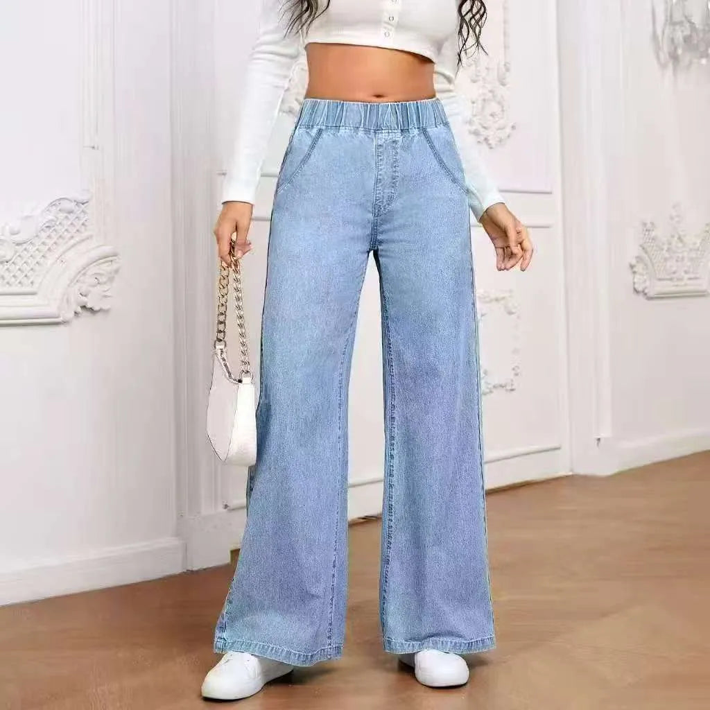 Light blue washed wide-leg straight denim trousers on a hanger, showing mid waist and zip fly.