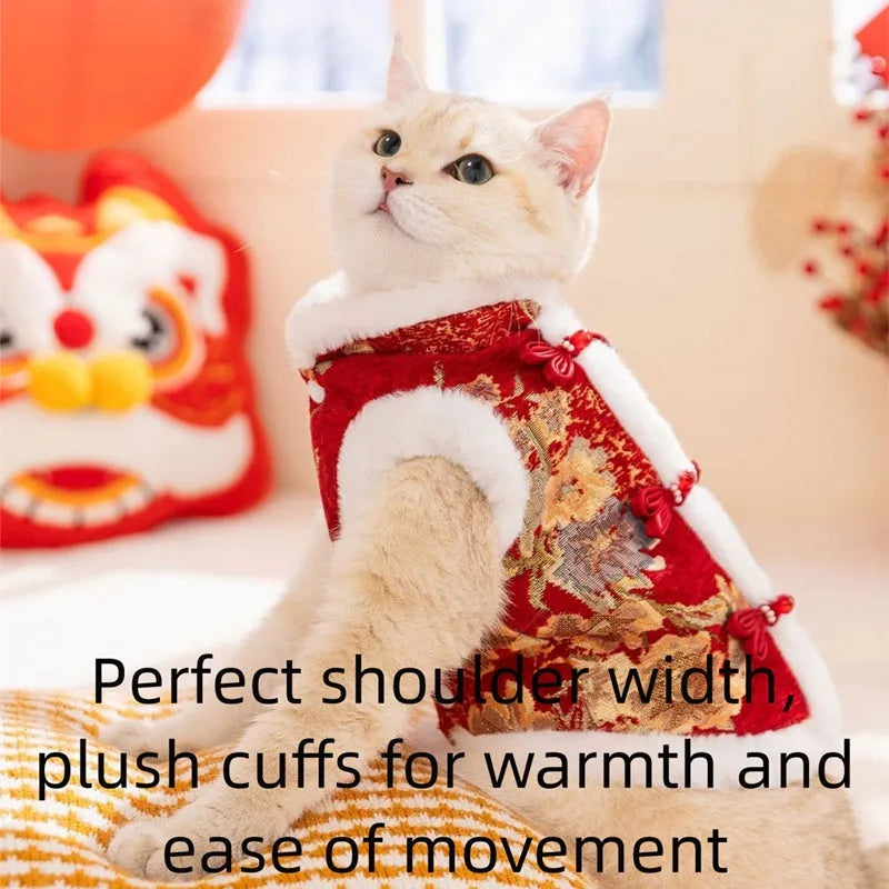 Chinese New Year pet vest with Chinese knot buttons, faux fur trim, and built-in leash ring in red or beige