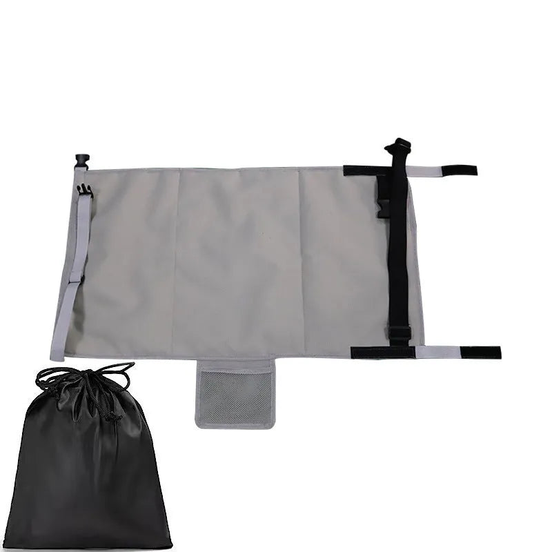 Portable blue children's aircraft pedal seat extender with extension device and drawstring pocket.