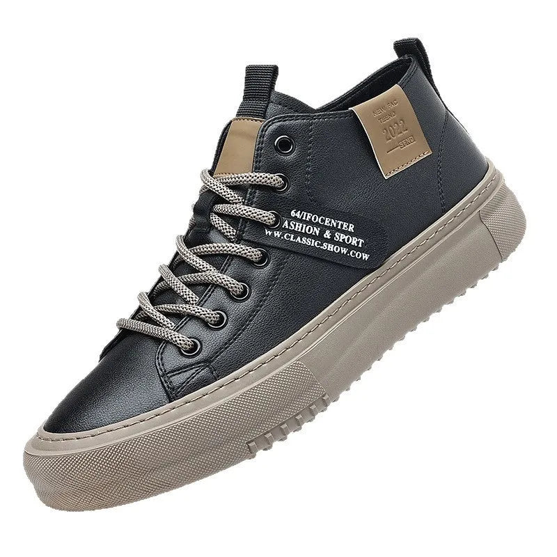 Men's middle top leather lace-up casual shoes with rubber sole, round toe and flat heel, in black or white
