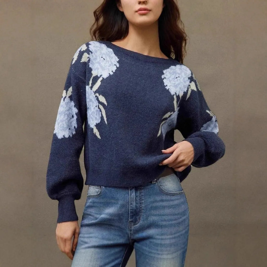 Sapphire blue women's off-neck pullover with a floral jacquard pattern and long sleeves.