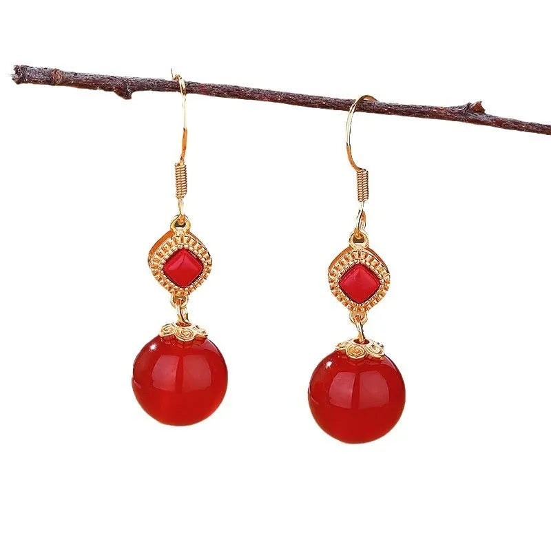 Southern red agate round bead earrings with S925 silver jasper inlay geometric drop design