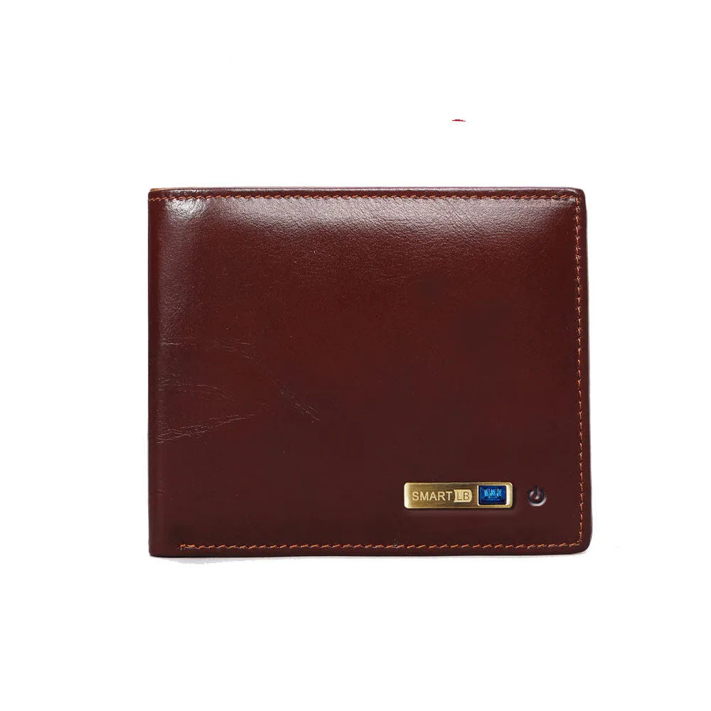 Men's smart leather wallet in brown with multiple card slots and built-in Bluetooth tracker