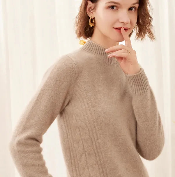 Women's pure cashmere turtleneck sweater in warm beige, high-neck design, soft knit texture