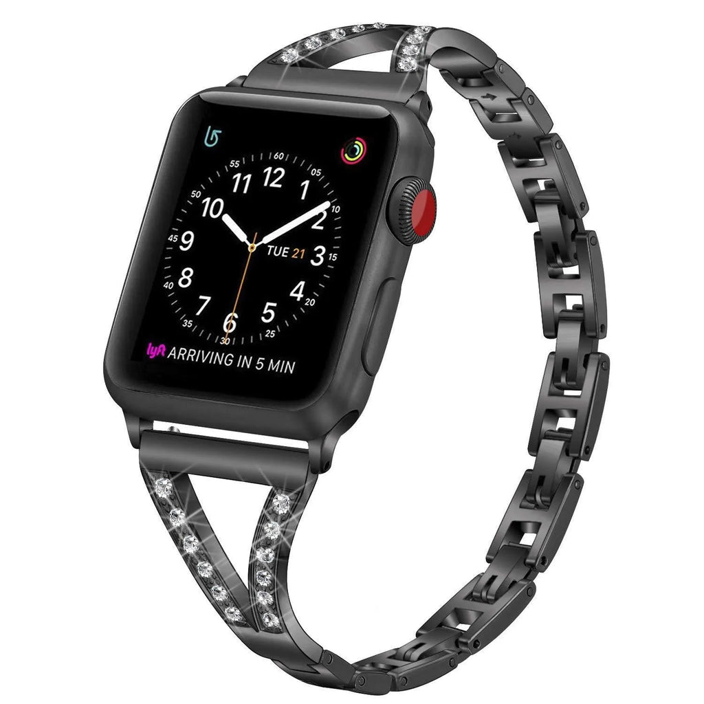 Zinc alloy Apple Watch strap with herringbone diamond pattern in silver, black, rose pink, or rose gold for Series 4/3/2/1.
