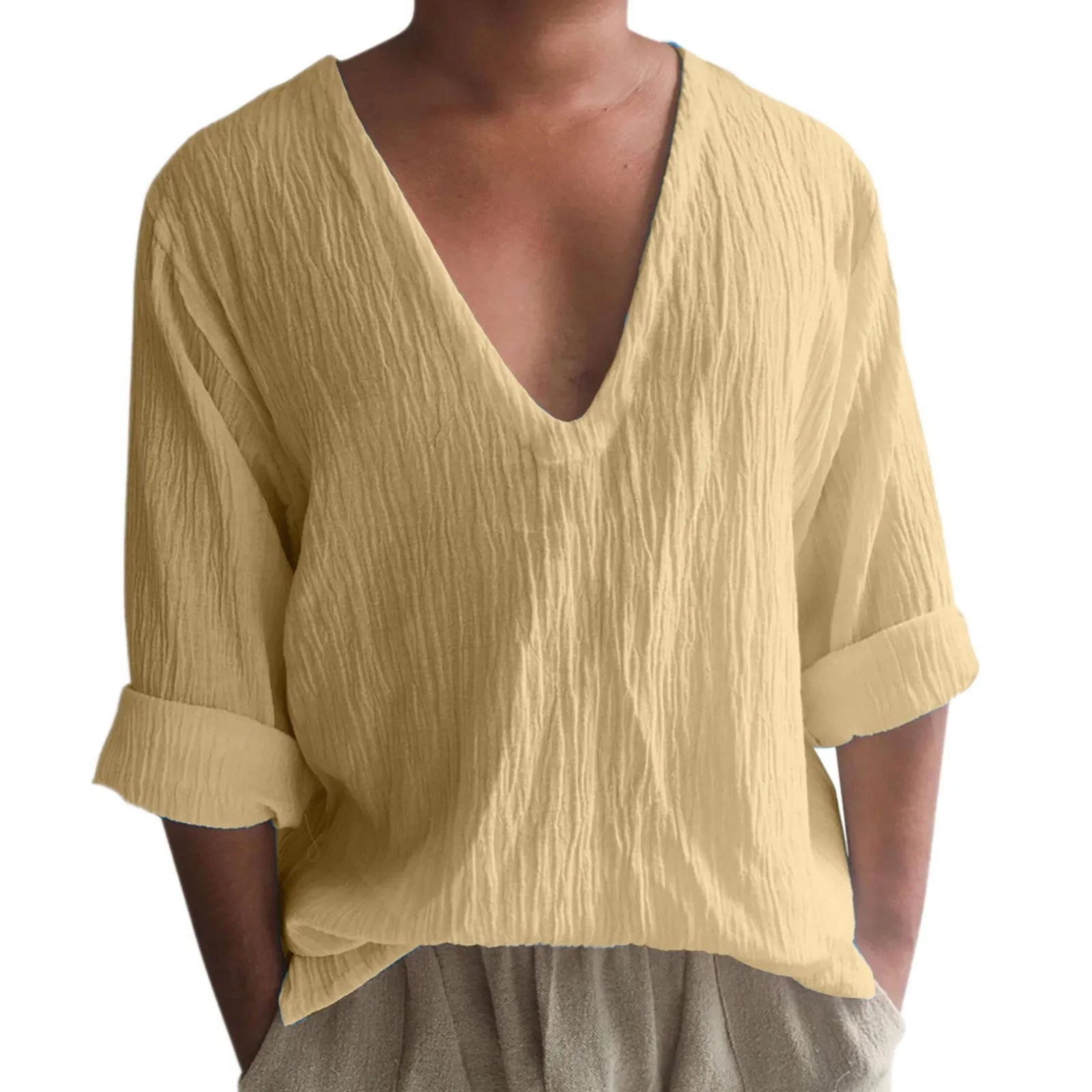 Men's washed cotton long sleeve V-neck T-shirt in solid colours showing British style details
