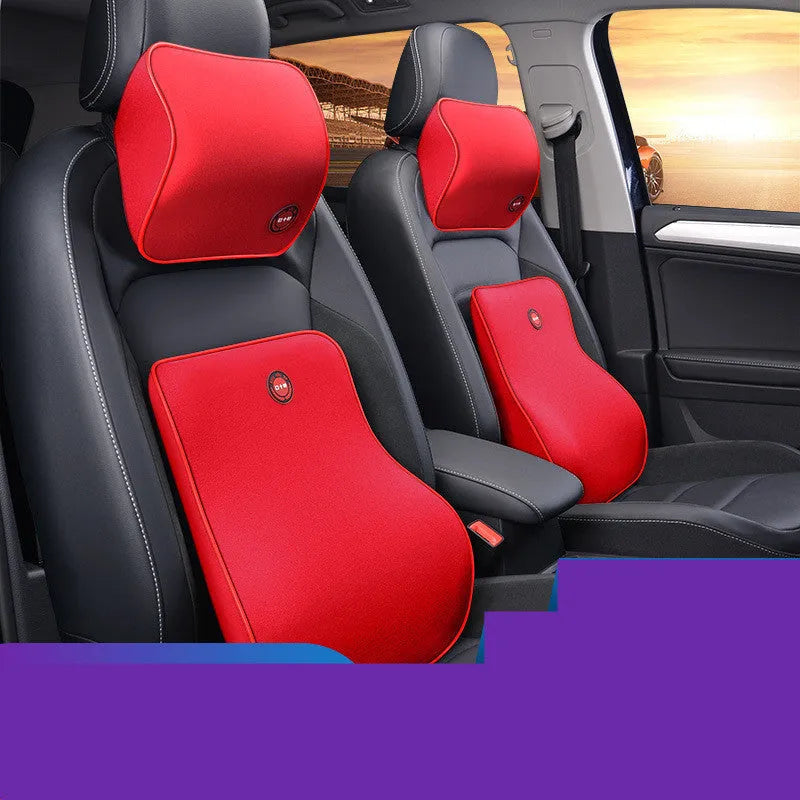 Car headrest neck protector and waist support set in black, coffee, grey or red, bamboo charcoal memory cotton, 0.9kg