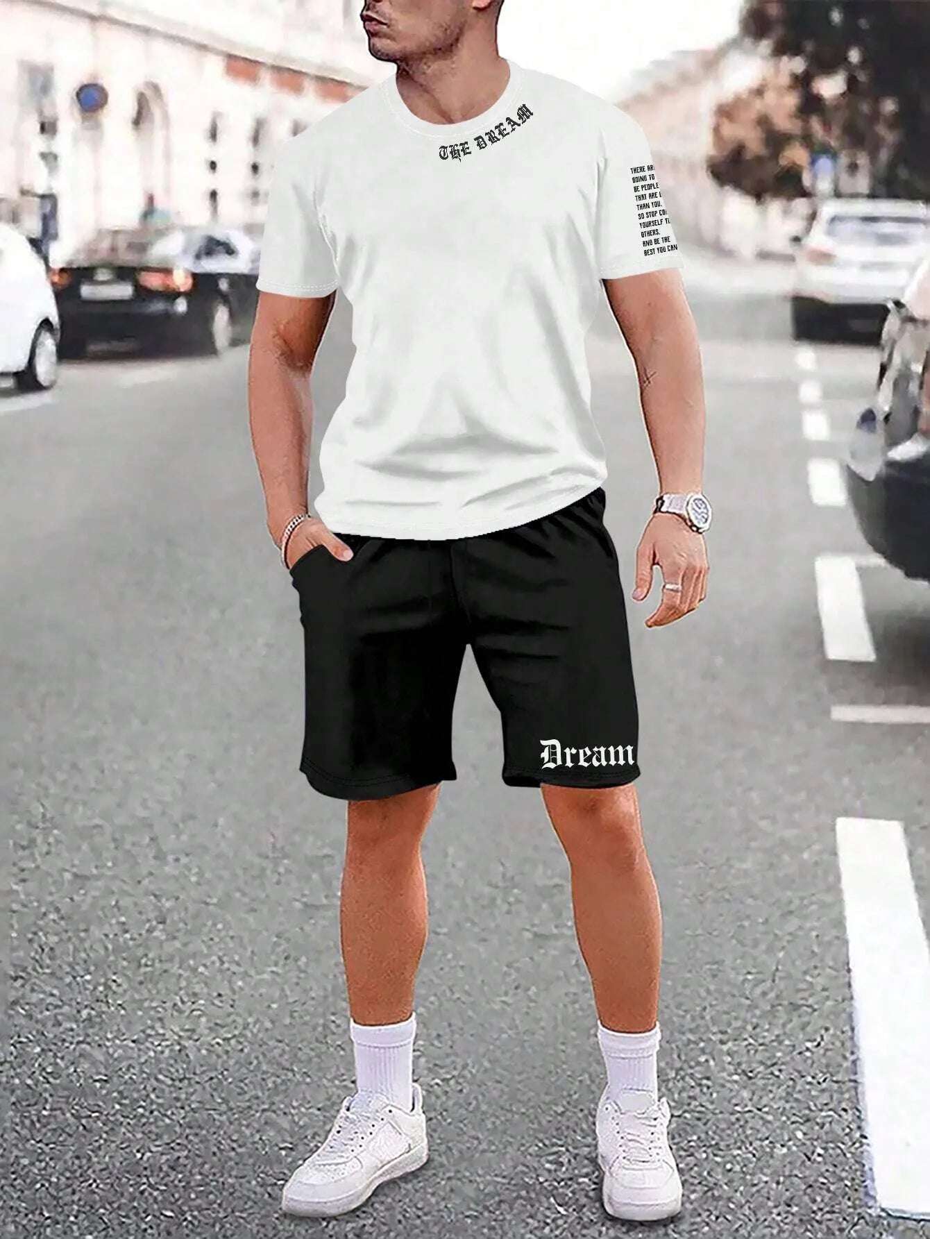 Sports-style short sleeve shirt and matching shorts set in a printed pattern, shown in colour G23P1573.