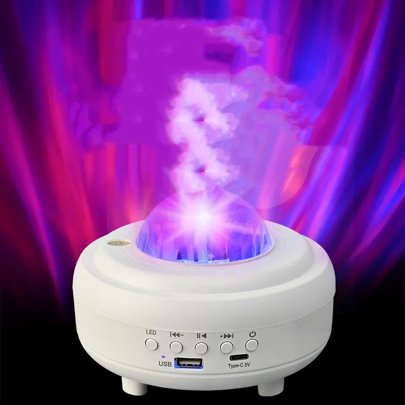 White and black galaxy star projector night light with Bluetooth speaker on a surface.