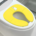 Foldable baby travel potty seat in blue with splash guard, shown folded and open on a white background