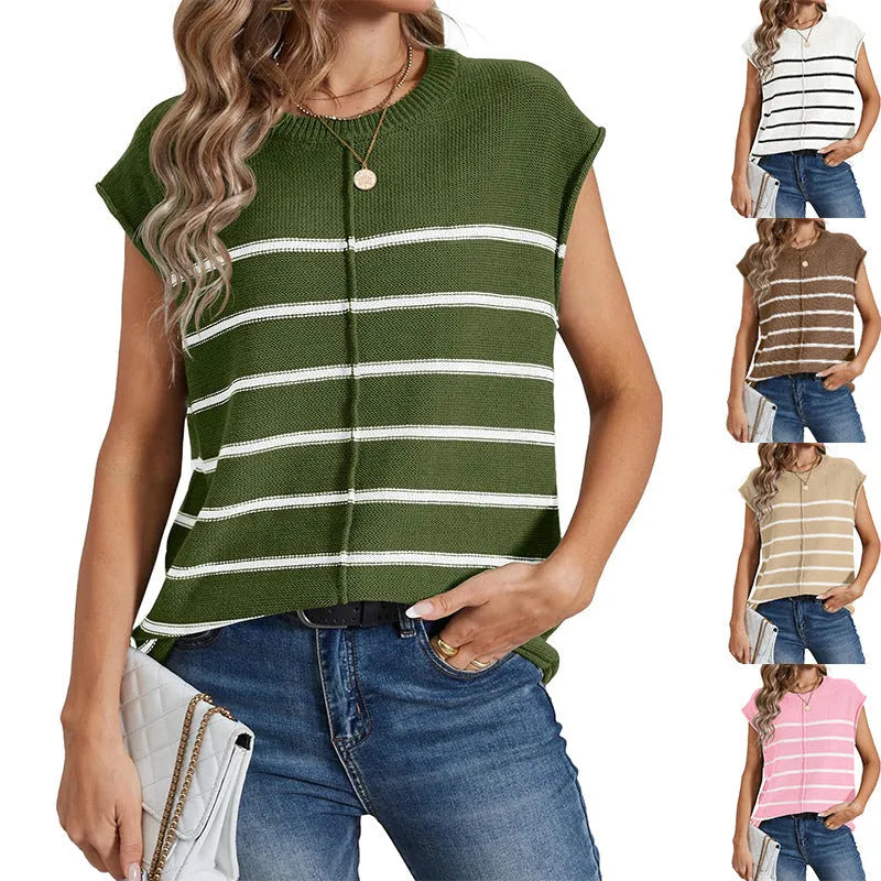 Women's striped sleeveless pullover vest top in acrylic fabric on a hanger.