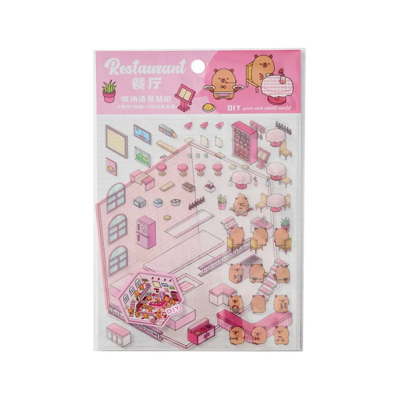 Set of eight colourful Capabala 3D business-themed cartoon stickers including bakery and bookstore designs.