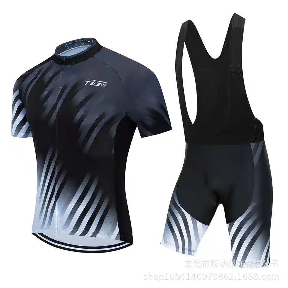 Unisex blue and black cycling jersey and pants set on a white background.