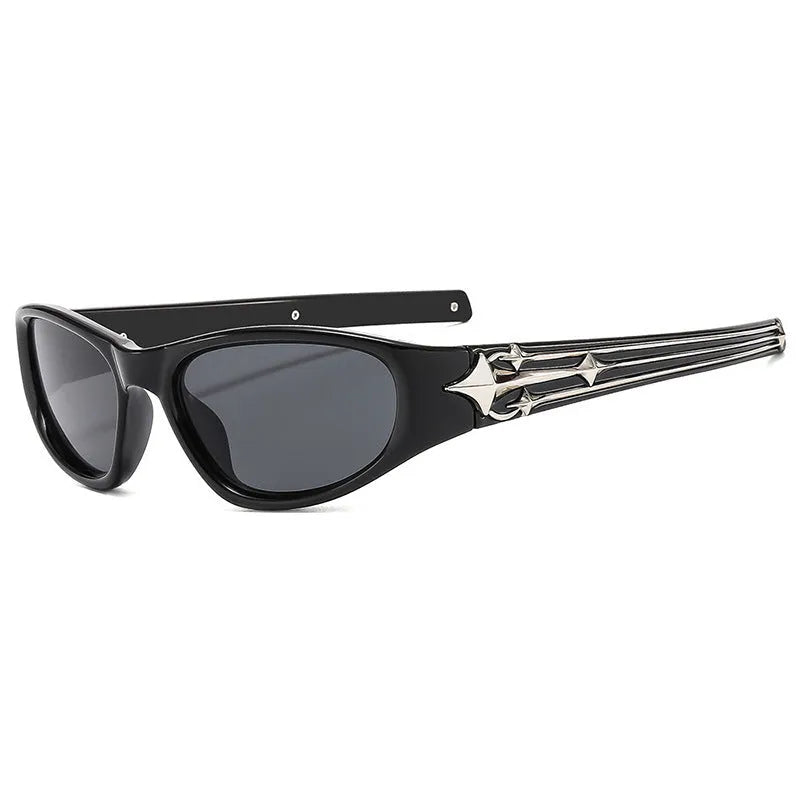 Special-shaped black frame sunglasses with blue polycarbonate lenses for outdoor sports.