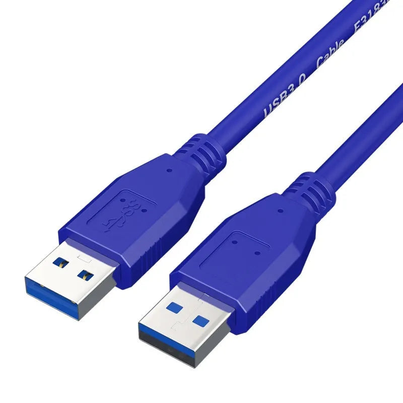 USB 3.0 male-to-male data cable for external hard drives, showing nickel-plated connectors.