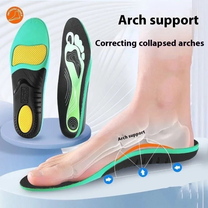 Blue and green PU flat foot correction insoles for men and women, shown in universal size ranges.