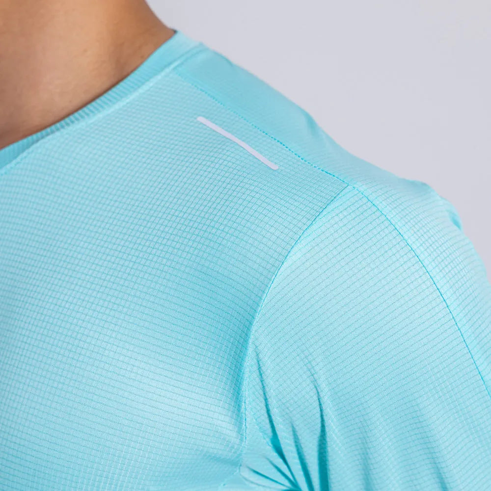 Men's solid-colour quick-drying polyester running top in white, black, sky blue, or fluorescent green, sizes S to 3XL