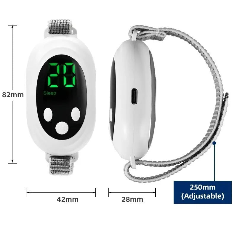 White handheld sleep aid remote control device with charging cable and wristband.