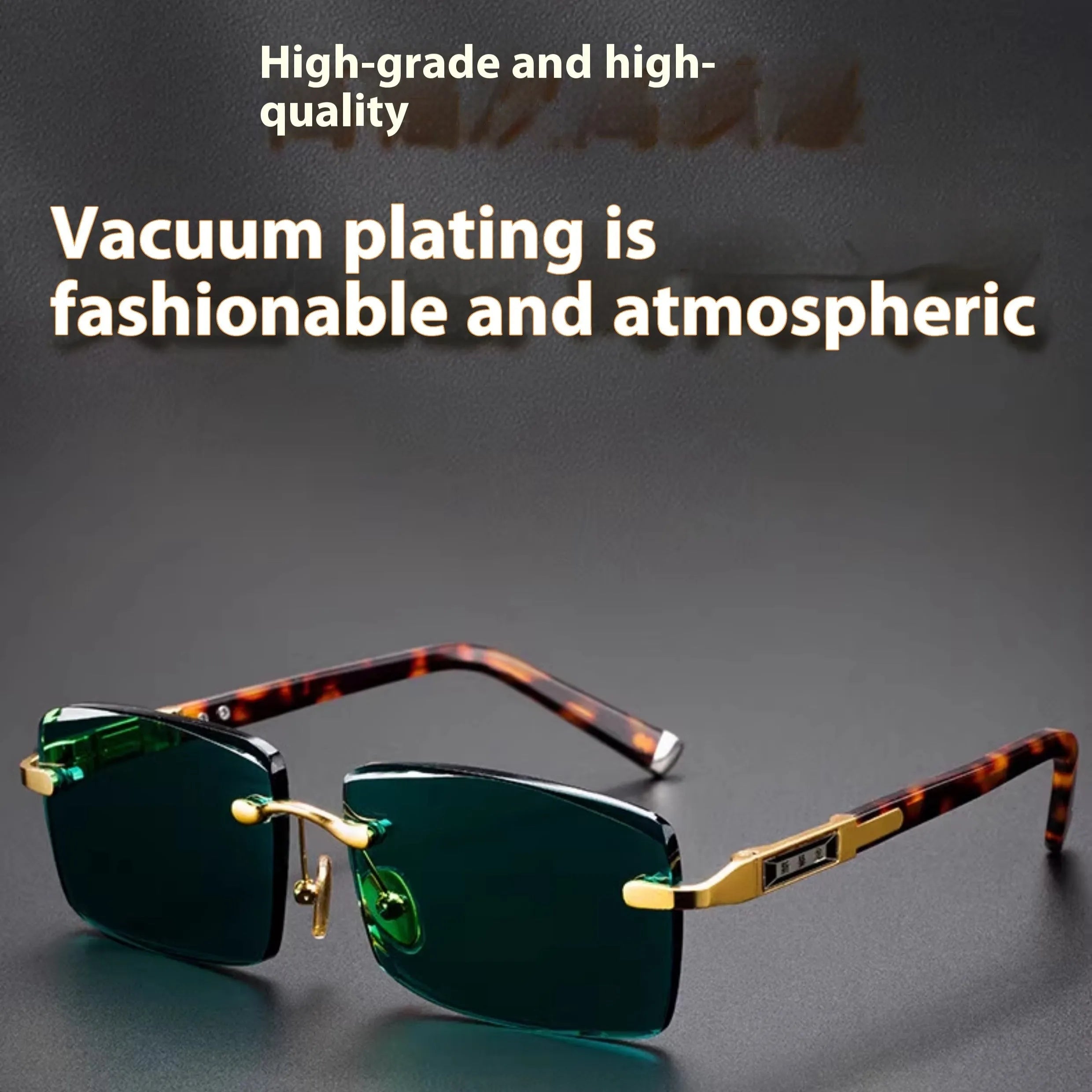 Frameless dark green crystal lens sunglasses with adjustable nose pads on a table next to their hard case.