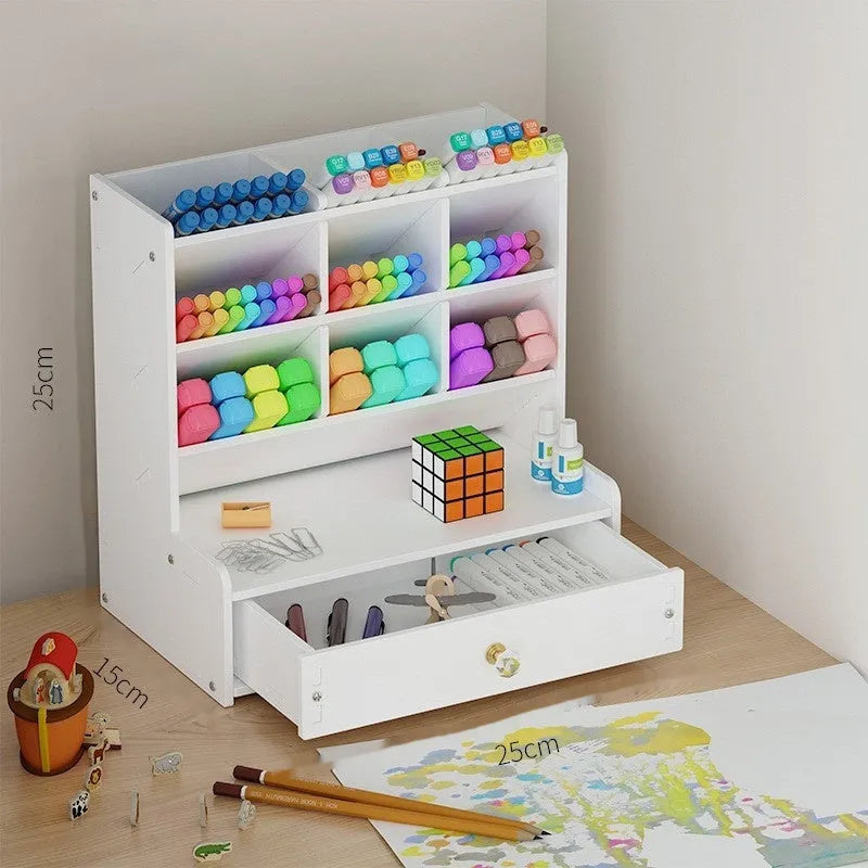 Square plastic pen storage box with oblique insertion compartments for organising writing instruments