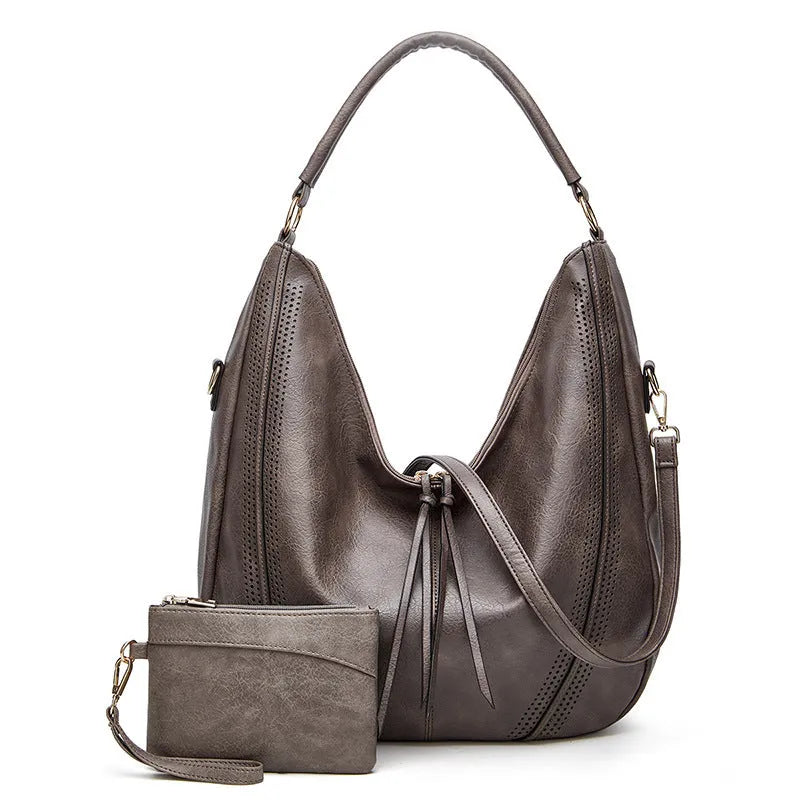 New trend retro large capacity PU tote shoulder bag with tassel hollow design, 40x43x13cm, zipper closure, in black colour