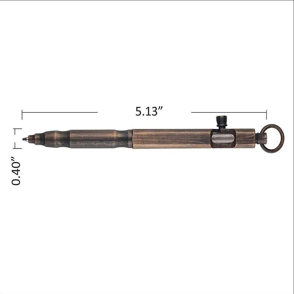 Solid brass hexagonal bolt action tactical pen in vintage brass and retro black colours.