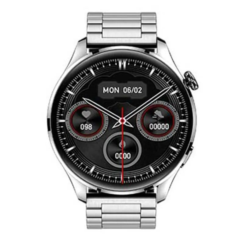 A smartwatch with a round colour screen on a black silicone strap, showing a call interface.