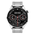 A smartwatch with a round colour screen on a black silicone strap, showing a call interface.