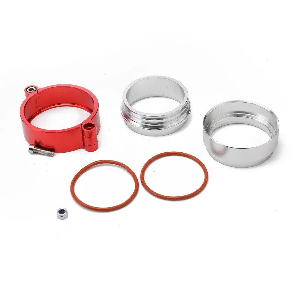 Aluminium alloy turbocharger exhaust downspout clamp in black, shown next to a 3-inch size marker.