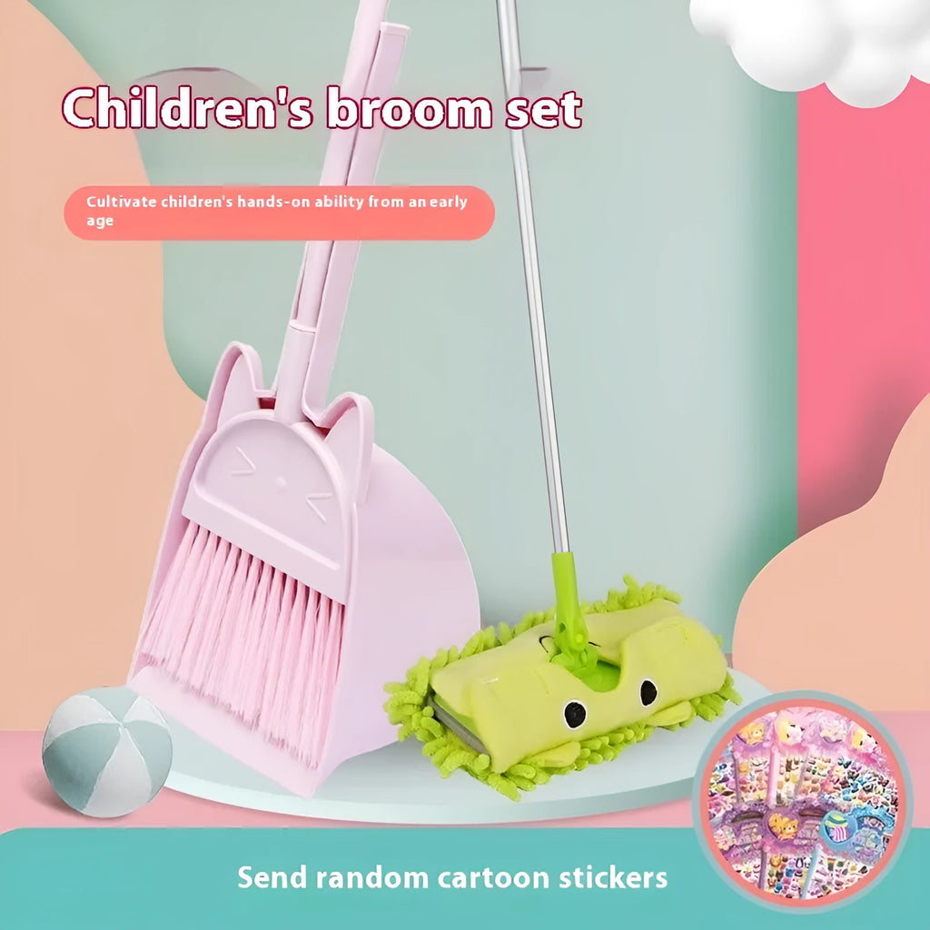 Purple, green, and beige plastic broom and dustpan set with a rotating brush holder.