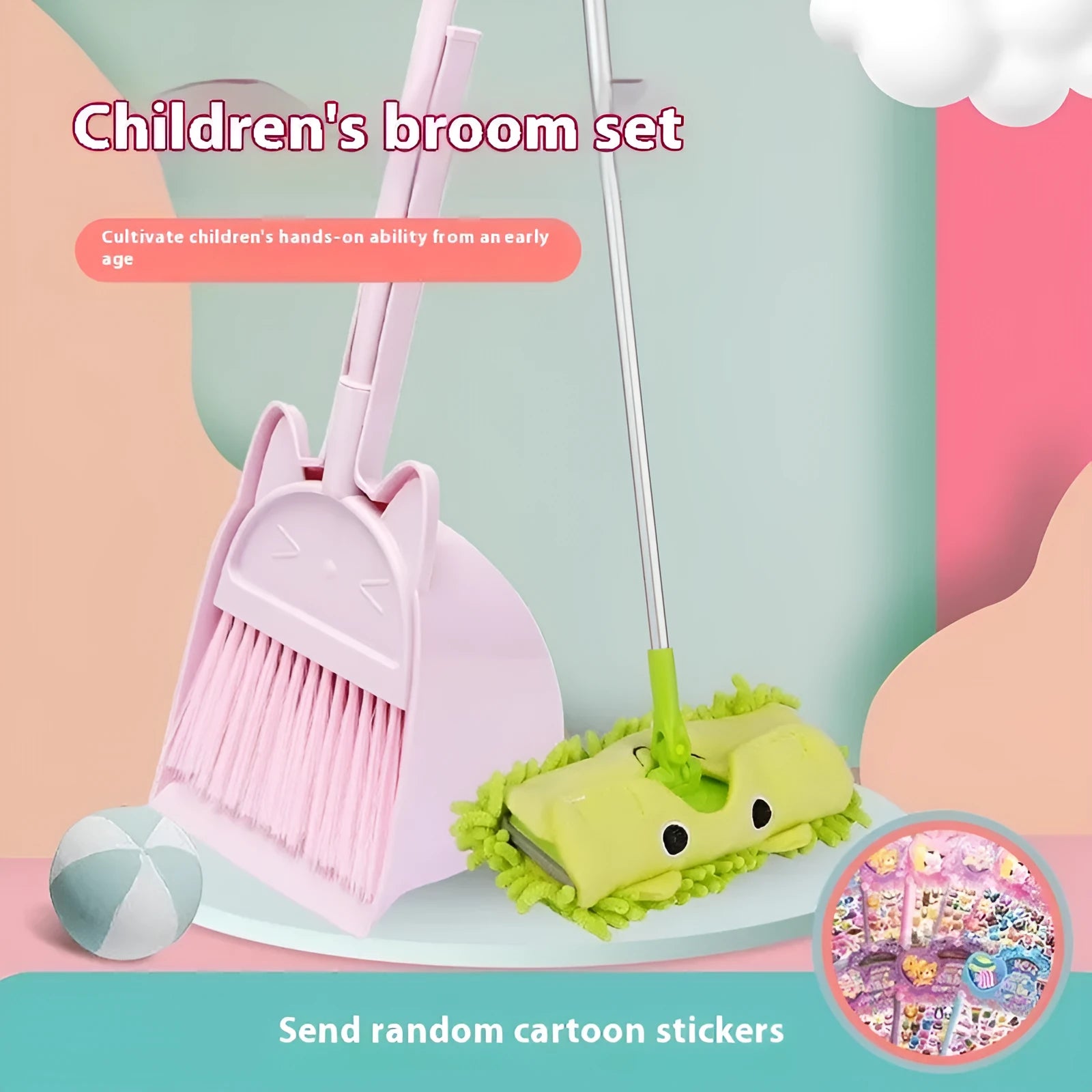 Purple, green, and beige plastic broom and dustpan set with a rotating brush holder.
