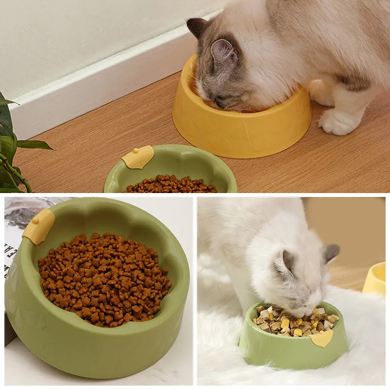 Green plastic double pet bowl for cats and small dogs on a floor.