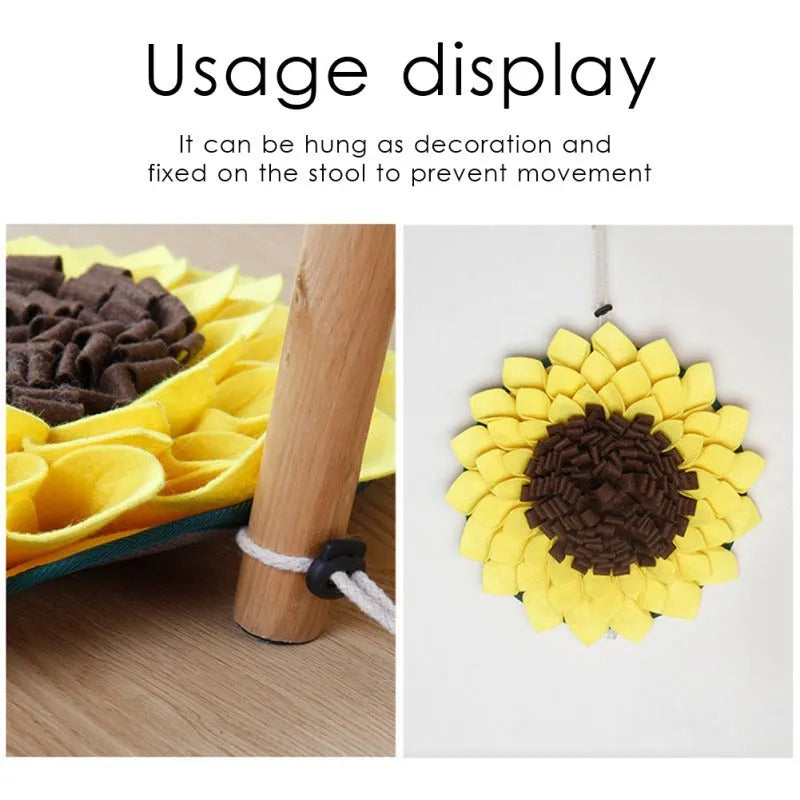 Yellow sunflower-shaped dog snuffle mat with fleece surface and a rope for hanging