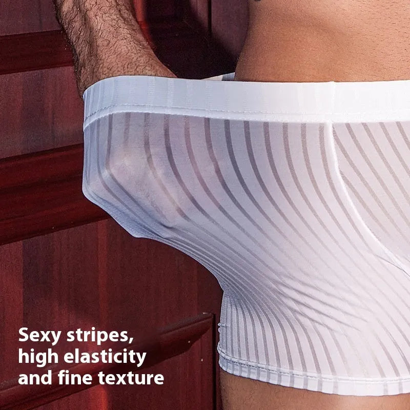 Men's black striped boxer briefs with a cotton blend gusset, shown laid flat.
