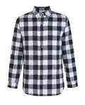Men's blue checked long-sleeved casual shirt with fitted cut, shown as a layering top for daily and streetwear outfits.