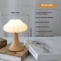 Small decorative mushroom-shaped night lamp in wood grain colour with touch control.