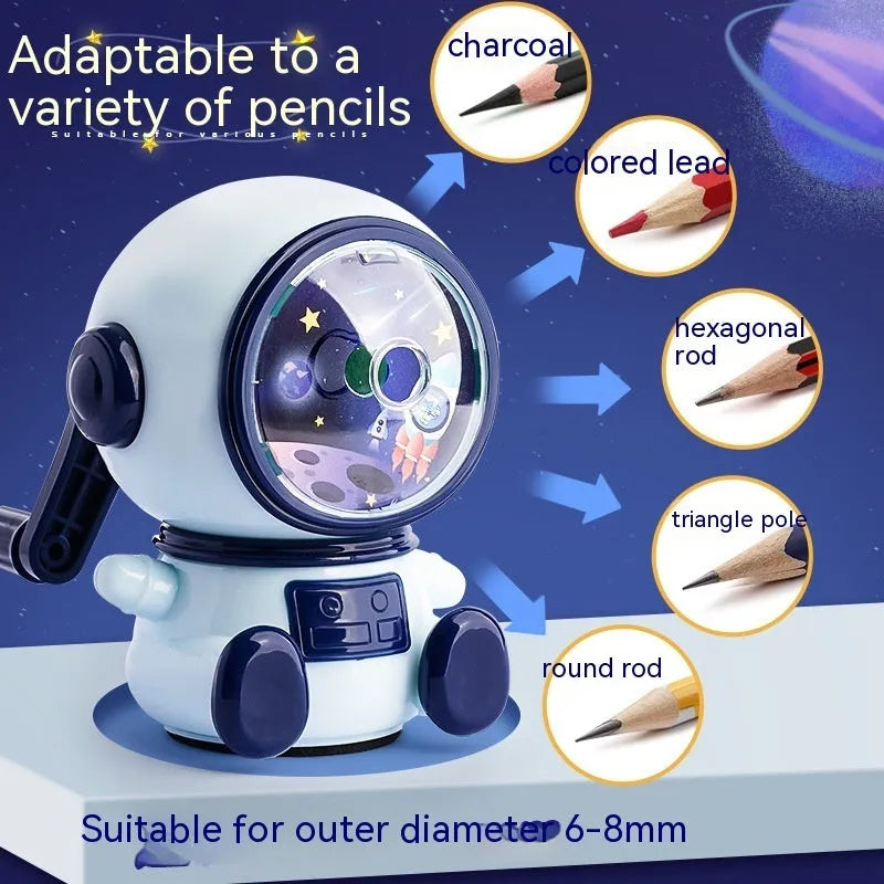 Blue and pink cartoon astronaut manual pencil sharpener with adjustment dial