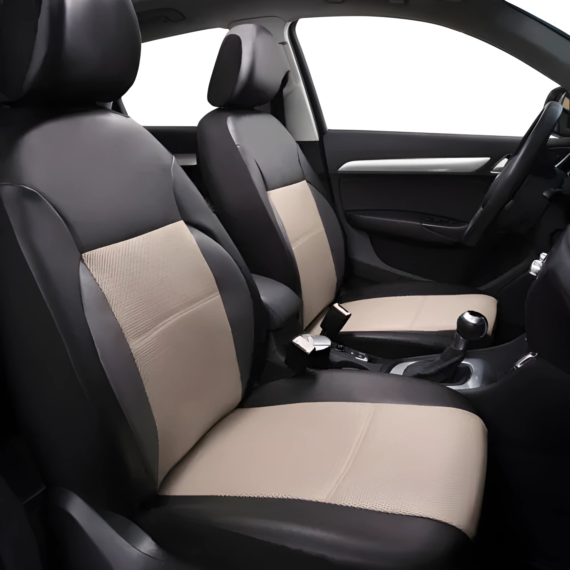 Black synthetic leather car seat cover installed on a front car seat, showing stitched design.