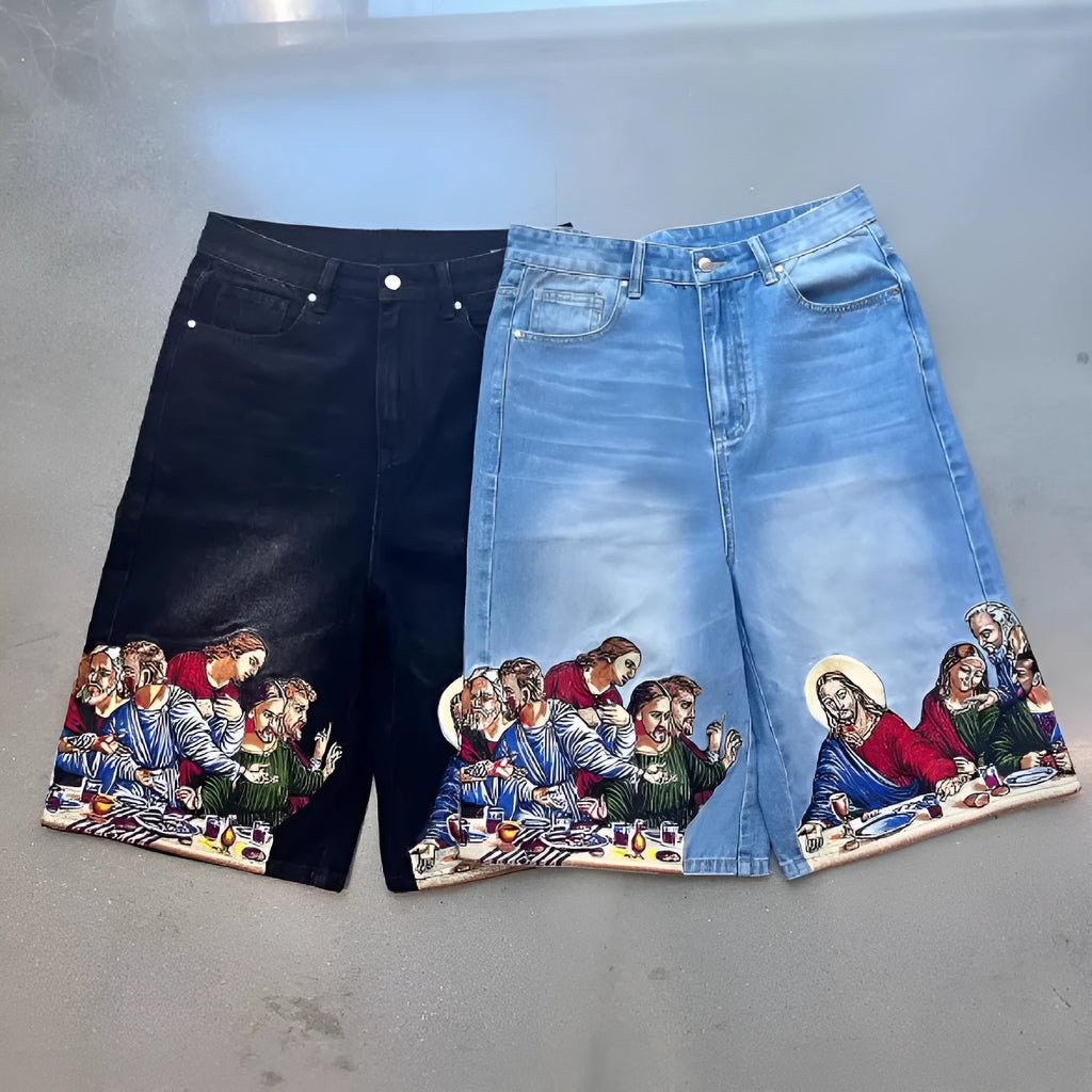 Blue men's tapered cotton shorts with a Jesus design printed on the back pocket.