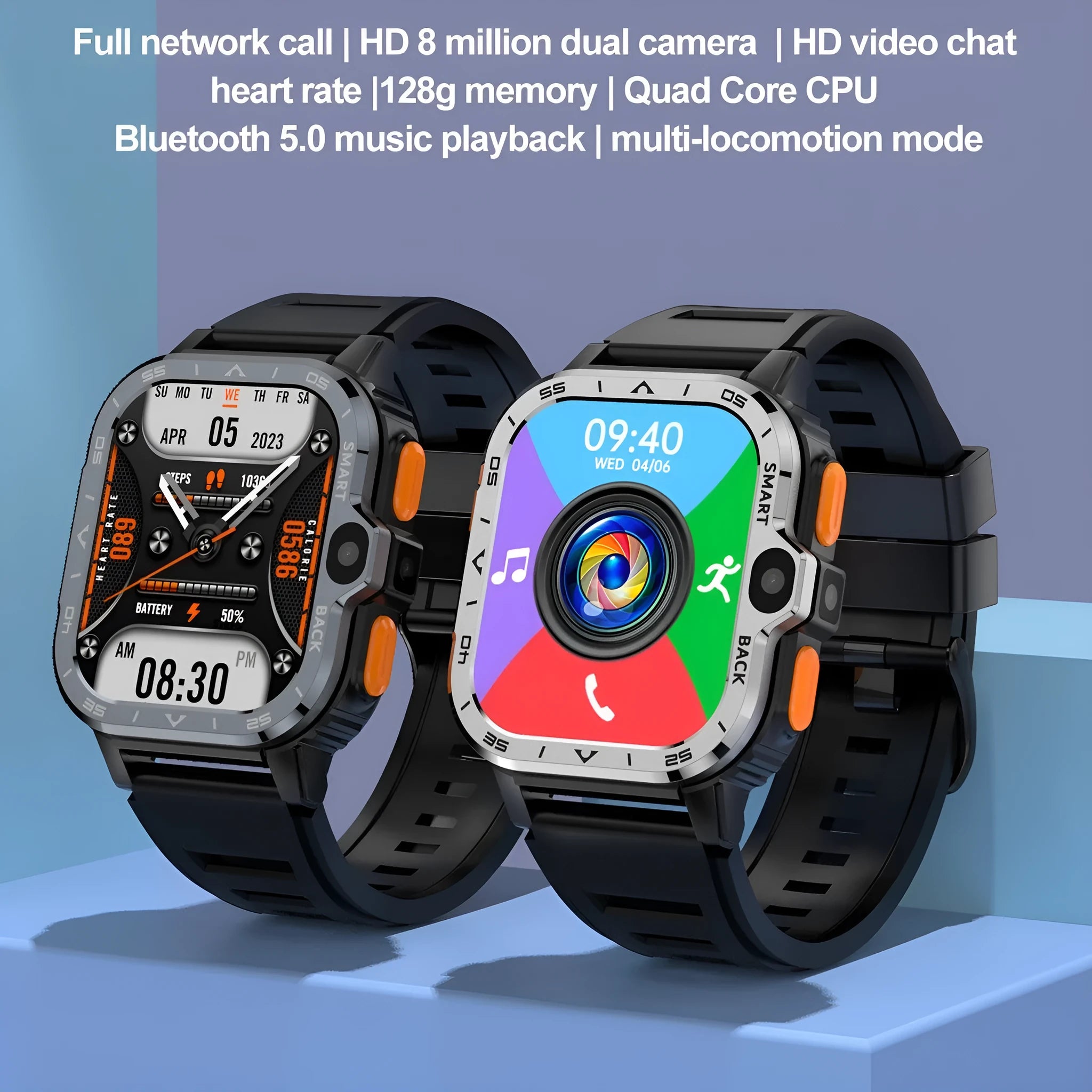 Black or silver Android student smart watch with touch screen, showing heart rate and call functions.