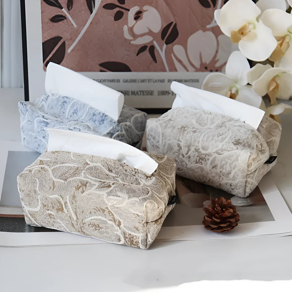 New Chinese Style floral patterned cotton fabric tissue box in beige, on a wooden table.