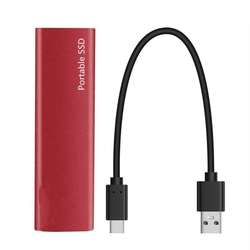 Ultra-thin metal external SSD portable hard drive in red, black, blue, or silver.