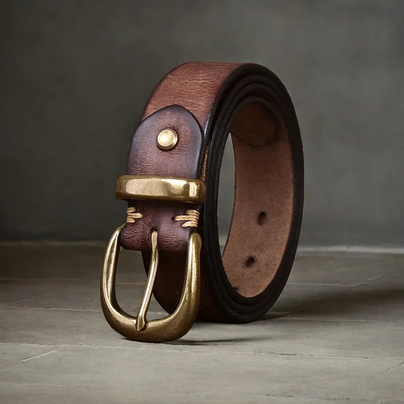 Men's casual jeans belt in genuine cowhide leather with copper buckle