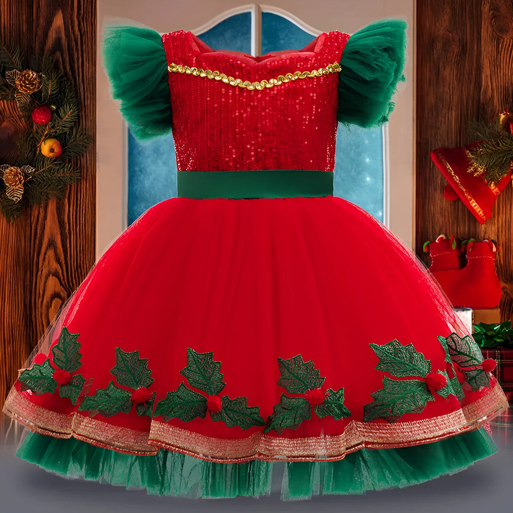 Children's colour-blocking princess dress with lace in D1557 red, suitable height 100-150cm, polyester fabric