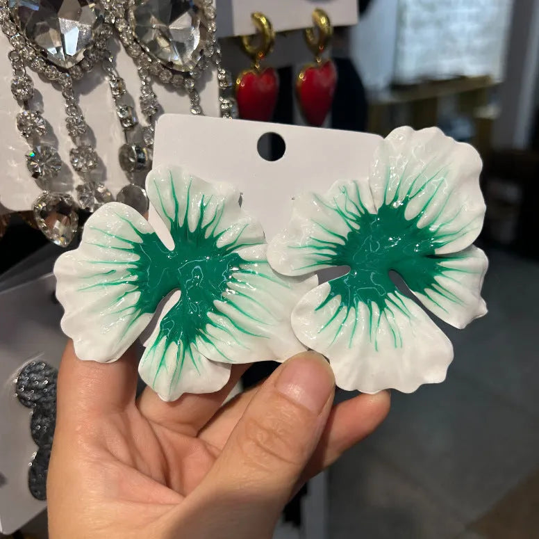 Alloy stud earrings with oil-spot glaze floral designs in pastoral style