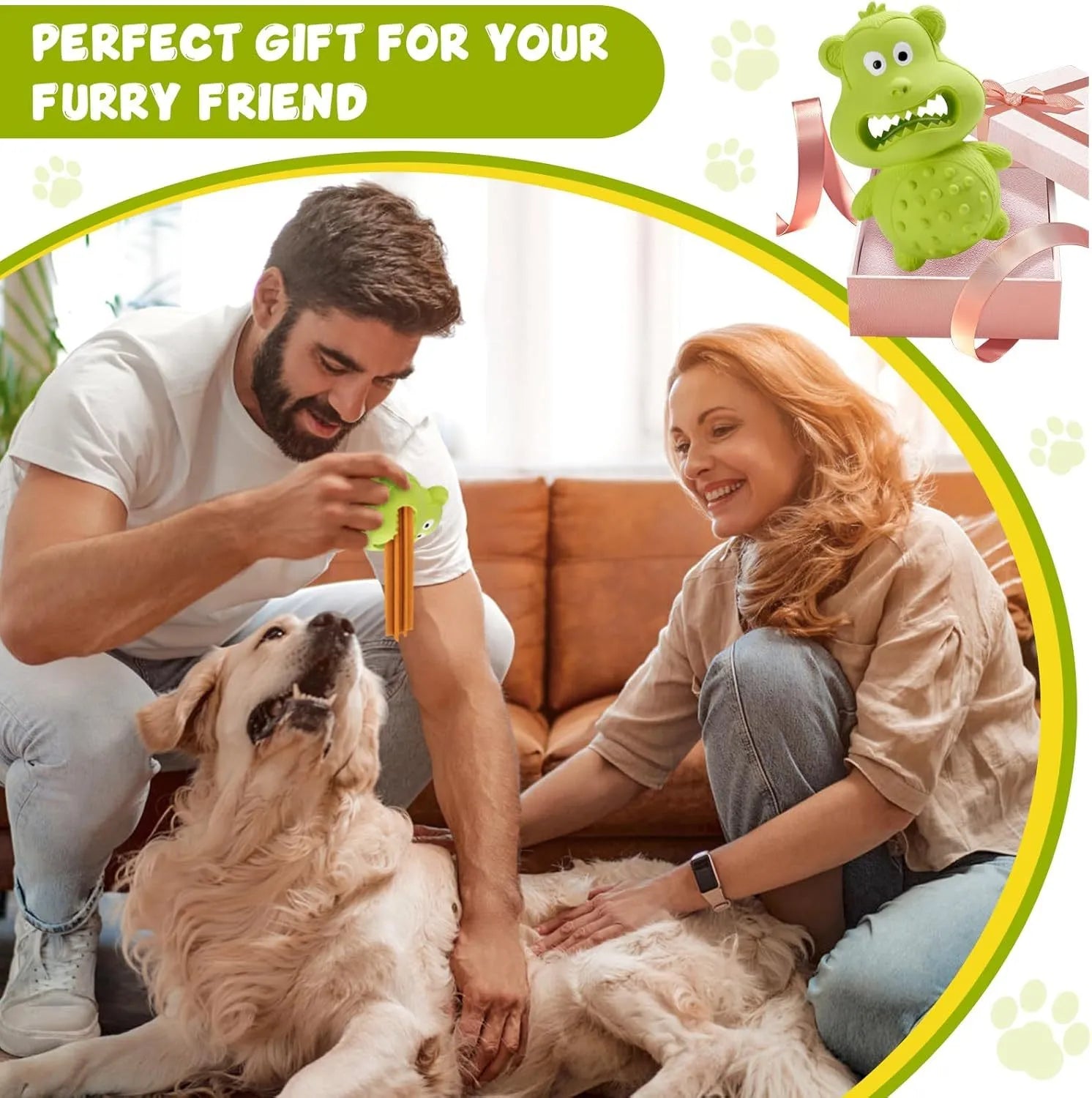 Green and yellow thick natural rubber squeaky dog chew toy for large breed aggressive chewers.
