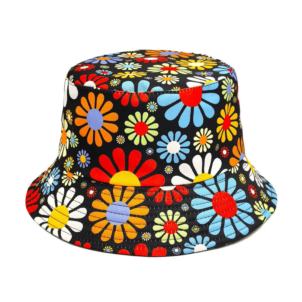 Colourful flower print polyester bucket hat with a dome crown, shown in size M.